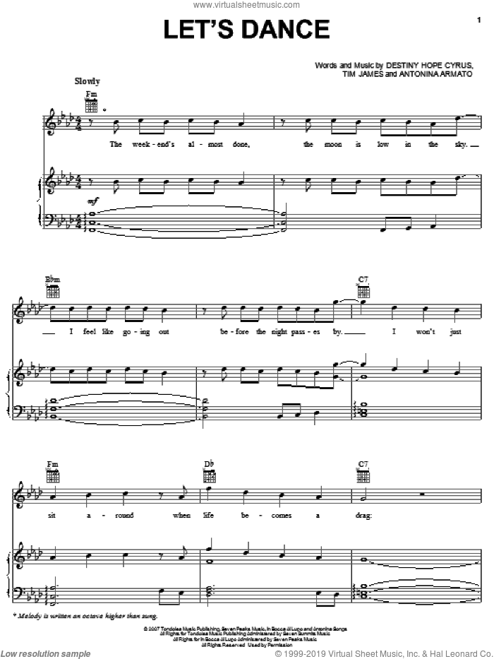 Let's Dance sheet music for voice, piano or guitar by Hannah Montana, Miley Cyrus, Antonina Armato, Destiny Hope Cyrus and Tim James, intermediate skill level
