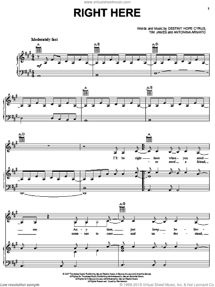 Right Here sheet music for voice, piano or guitar by Hannah Montana, Miley Cyrus, Antonina Armato, Destiny Hope Cyrus and Tim James, intermediate skill level