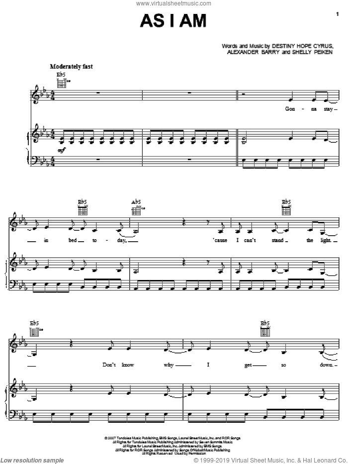 As I Am sheet music for voice, piano or guitar by Hannah Montana, Miley Cyrus, Alexander Barry, Destiny Hope Cyrus and Shelly Peiken, intermediate skill level