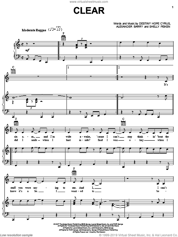 Clear sheet music for voice, piano or guitar by Hannah Montana, Miley Cyrus, Alexander Barry, Destiny Hope Cyrus and Shelly Peiken, intermediate skill level