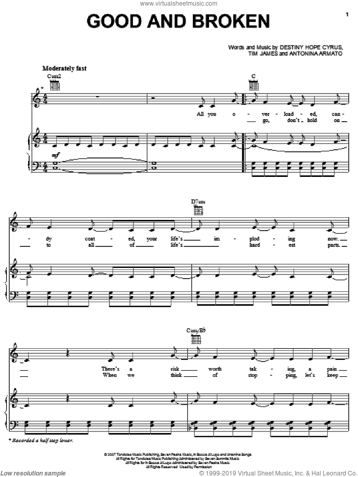 Good And Broken sheet music for voice, piano or guitar by Hannah Montana, Miley Cyrus, Antonina Armato, Destiny Hope Cyrus and Tim James, intermediate skill level