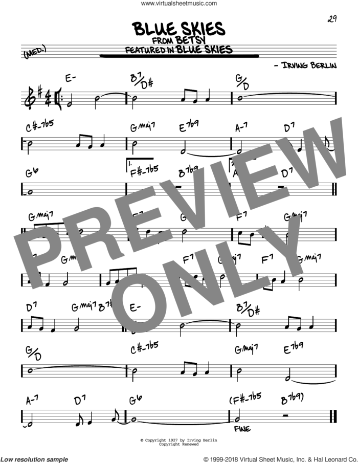 Blue Skies sheet music for voice and other instruments (real book) by Irving Berlin and Willie Nelson, wedding score, intermediate skill level