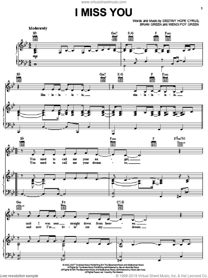 I Miss You sheet music for voice, piano or guitar by Hannah Montana, Miley Cyrus, Brian Green, Destiny Hope Cyrus and Wendi Foy Green, intermediate skill level