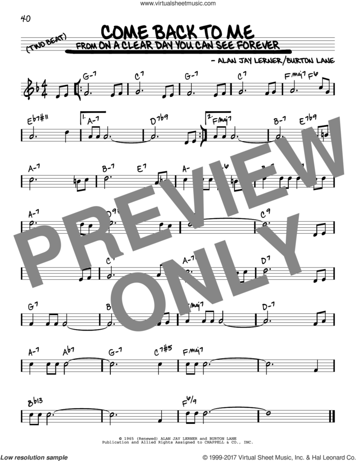 Come Back To Me sheet music for voice and other instruments (real book) by Alan Jay Lerner, Shirley Horn and Burton Lane, intermediate skill level