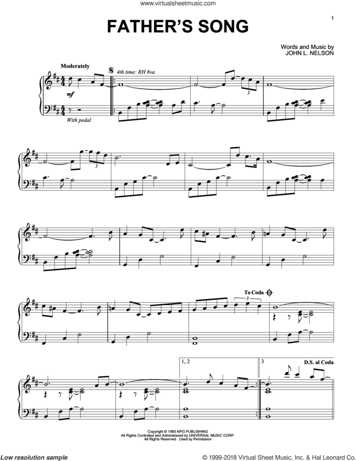 Father's Song sheet music for piano solo by Prince and John L. Nelson, intermediate skill level