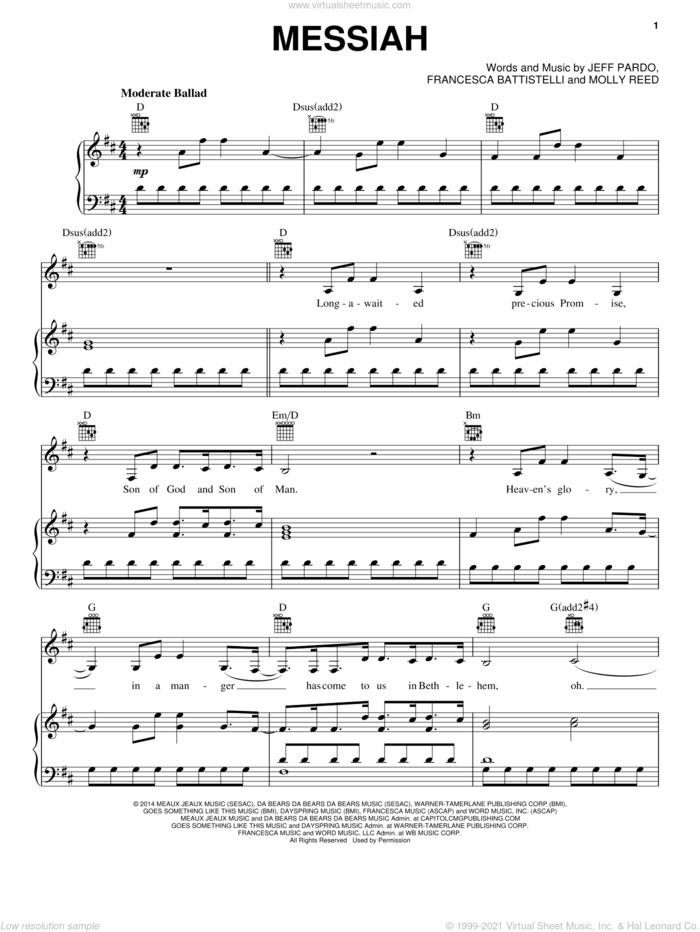 Messiah sheet music for voice, piano or guitar by Francesca Battistelli, Jeff Pardo and Molly Reed, intermediate skill level