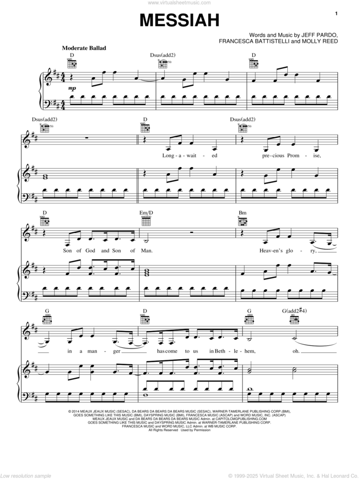 Messiah sheet music for voice, piano or guitar by Francesca Battistelli, Jeff Pardo and Molly Reed, intermediate skill level