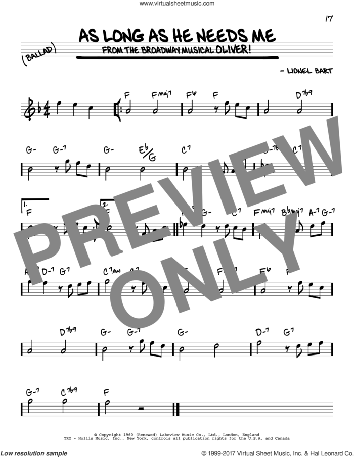 As Long As He Needs Me sheet music for voice and other instruments (real book) by Lionel Bart, intermediate skill level