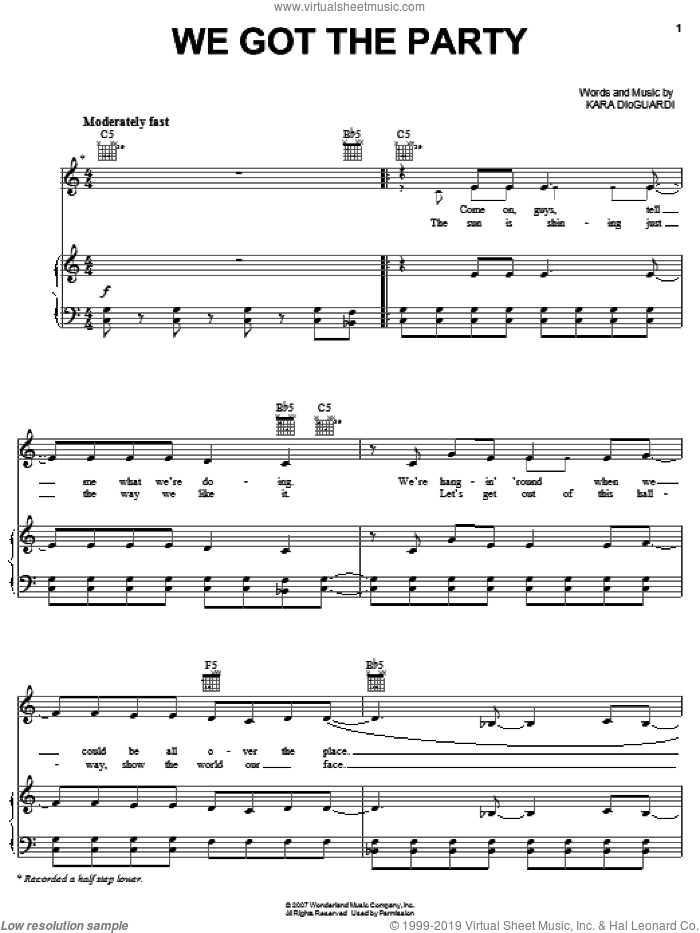 We Got The Party sheet music for voice, piano or guitar by Hannah Montana, Miley Cyrus, Greg Wells and Kara DioGuardi, intermediate skill level