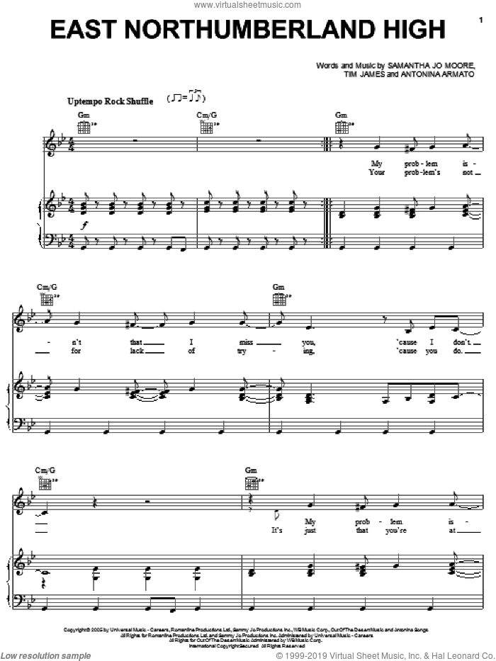 East Northumberland High sheet music for voice, piano or guitar by Hannah Montana, Miley Cyrus, Antonina Armato, Samantha Jo Moore and Tim James, intermediate skill level