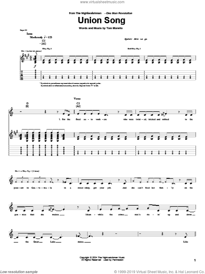 Union Song sheet music for guitar (tablature) by The Nightwatchman and Tom Morello, intermediate skill level