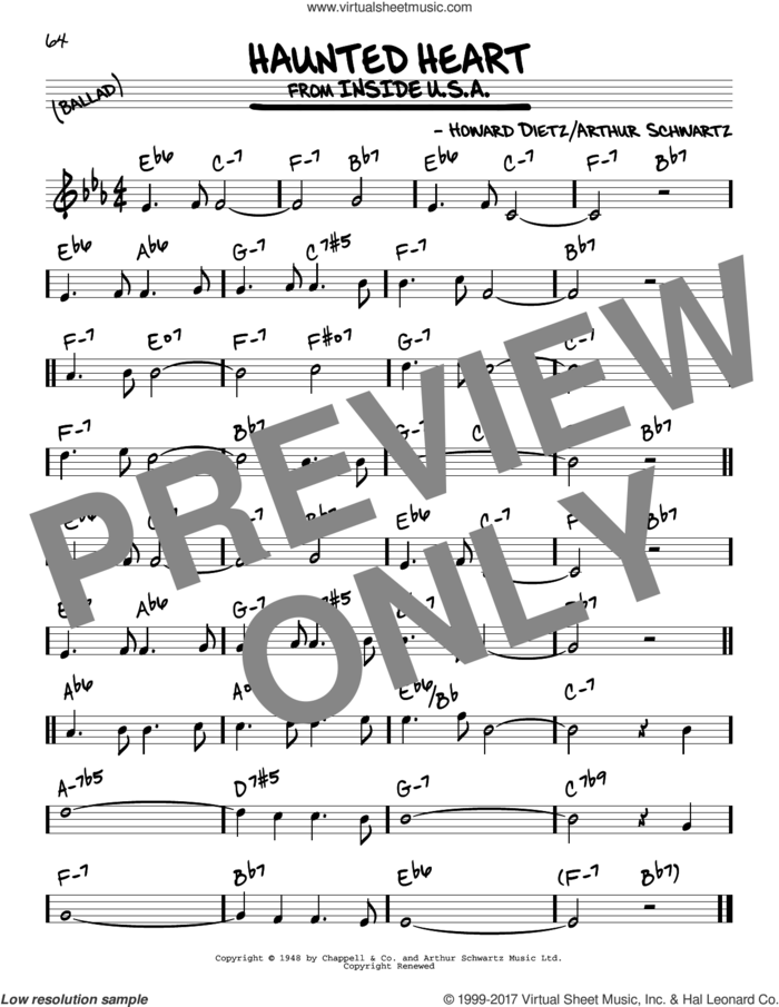 Haunted Heart sheet music for voice and other instruments (real book) by Arthur Schwartz and Howard Dietz, intermediate skill level