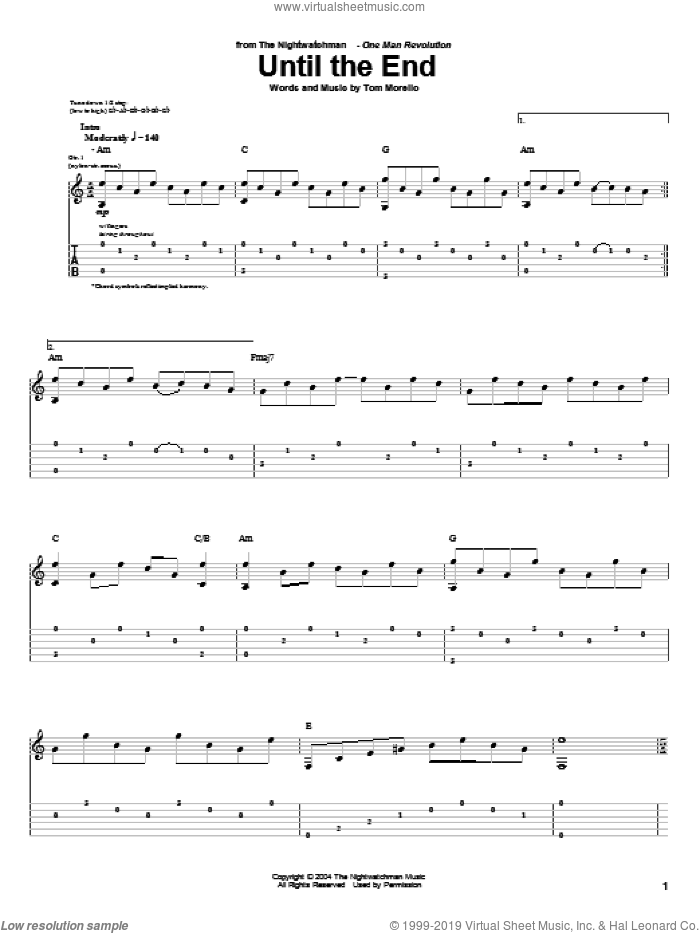 Until The End sheet music for guitar (tablature) by The Nightwatchman and Tom Morello, intermediate skill level