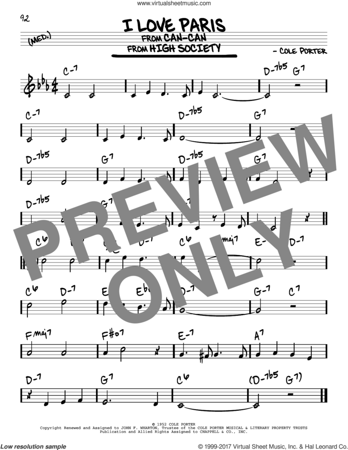I Love Paris sheet music for voice and other instruments (real book) by Cole Porter, intermediate skill level