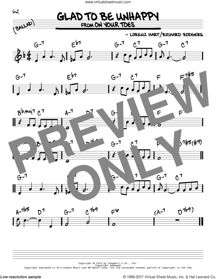 Glad To Be Unhappy sheet music for voice and other instruments (real book) by Rodgers & Hart, Lorenz Hart and Richard Rodgers, intermediate skill level