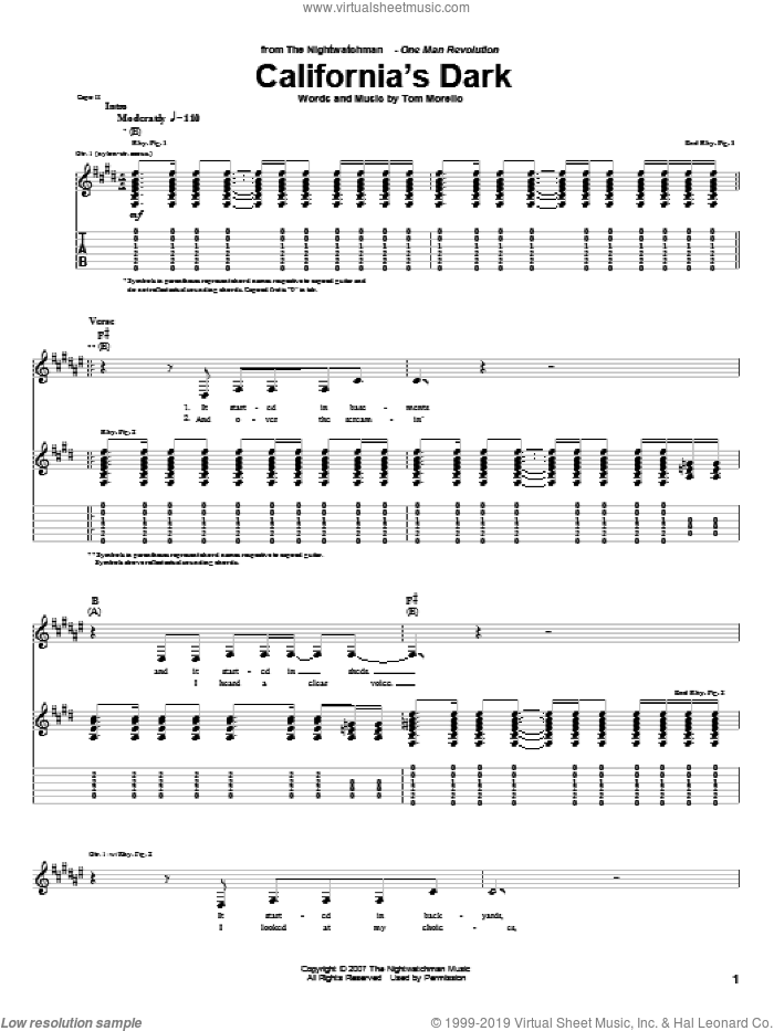 California's Dark sheet music for guitar (tablature) by The Nightwatchman and Tom Morello, intermediate skill level