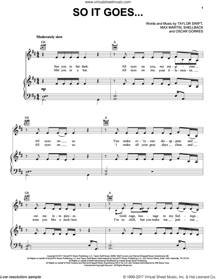 So It Goes... sheet music for voice, piano or guitar by Taylor Swift, Max Martin, Oscar Gorres and Shellback, intermediate skill level