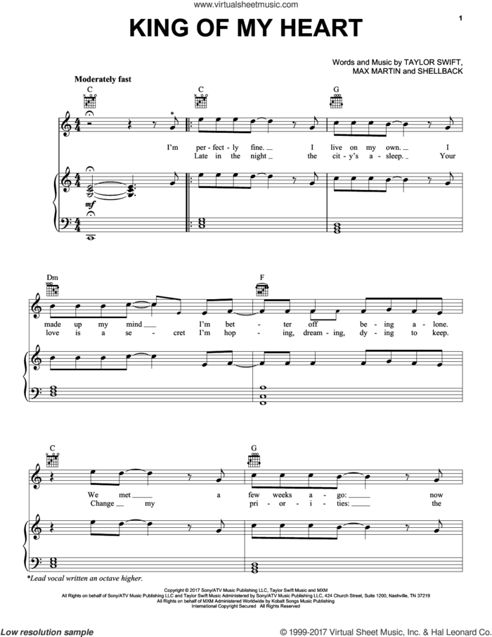 King Of My Heart sheet music for voice, piano or guitar by Taylor Swift, Max Martin and Shellback, intermediate skill level