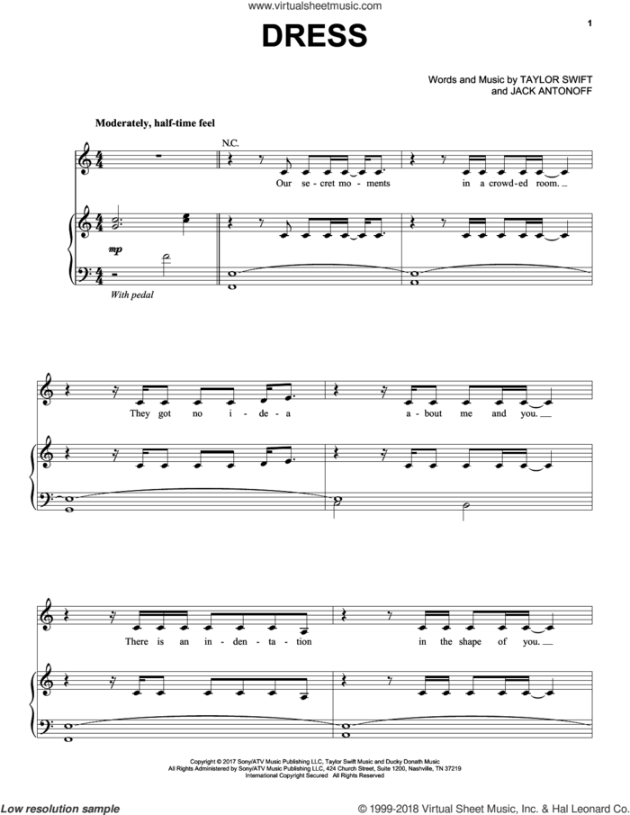 Dress sheet music for voice, piano or guitar by Taylor Swift and Jack Antonoff, intermediate skill level