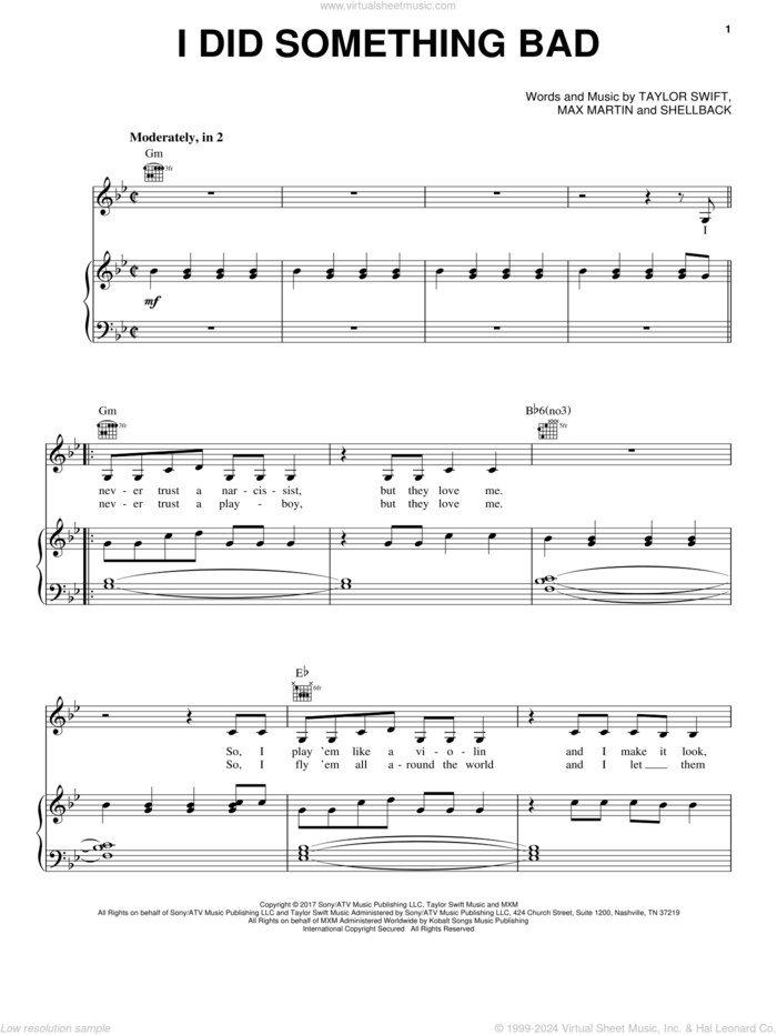 I Did Something Bad sheet music for voice, piano or guitar by Taylor Swift, Max Martin and Shellback, intermediate skill level