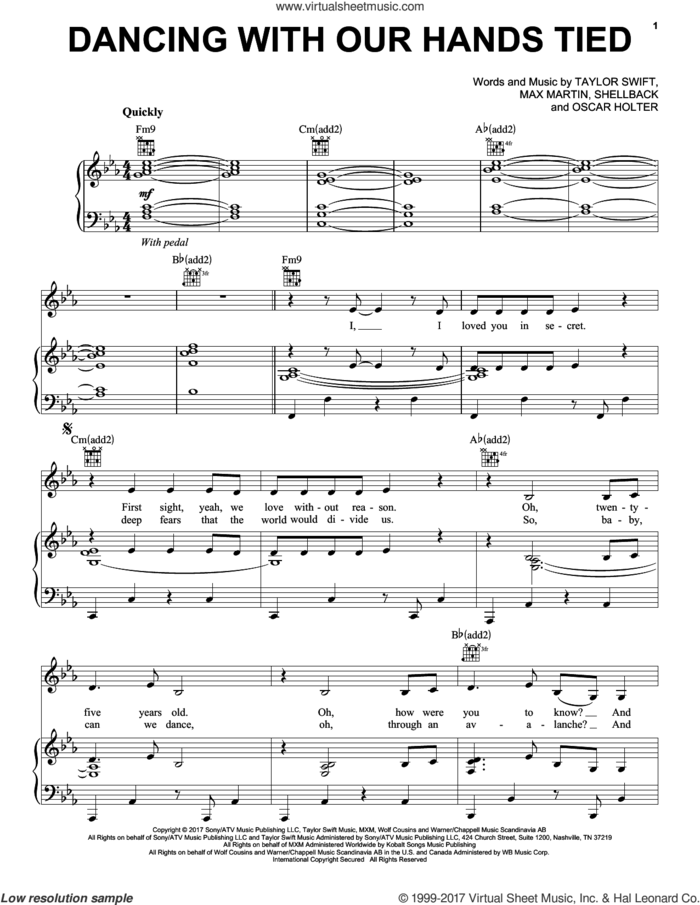 Dancing With Our Hands Tied sheet music for voice, piano or guitar by Taylor Swift, Max Martin, Oscar Holter and Shellback, intermediate skill level