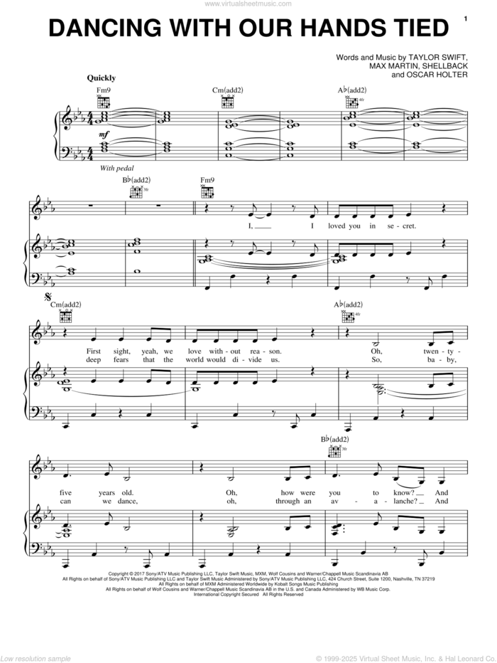 Dancing With Our Hands Tied sheet music for voice, piano or guitar by Taylor Swift, Max Martin, Oscar Holter and Shellback, intermediate skill level