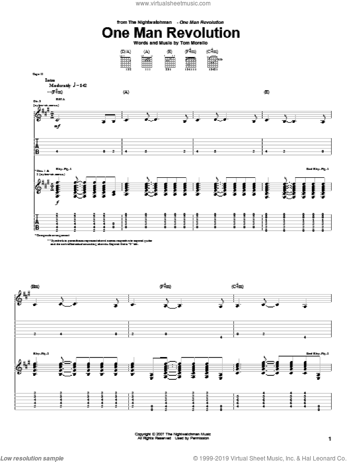 One Man Revolution sheet music for guitar (tablature) by The Nightwatchman and Tom Morello, intermediate skill level