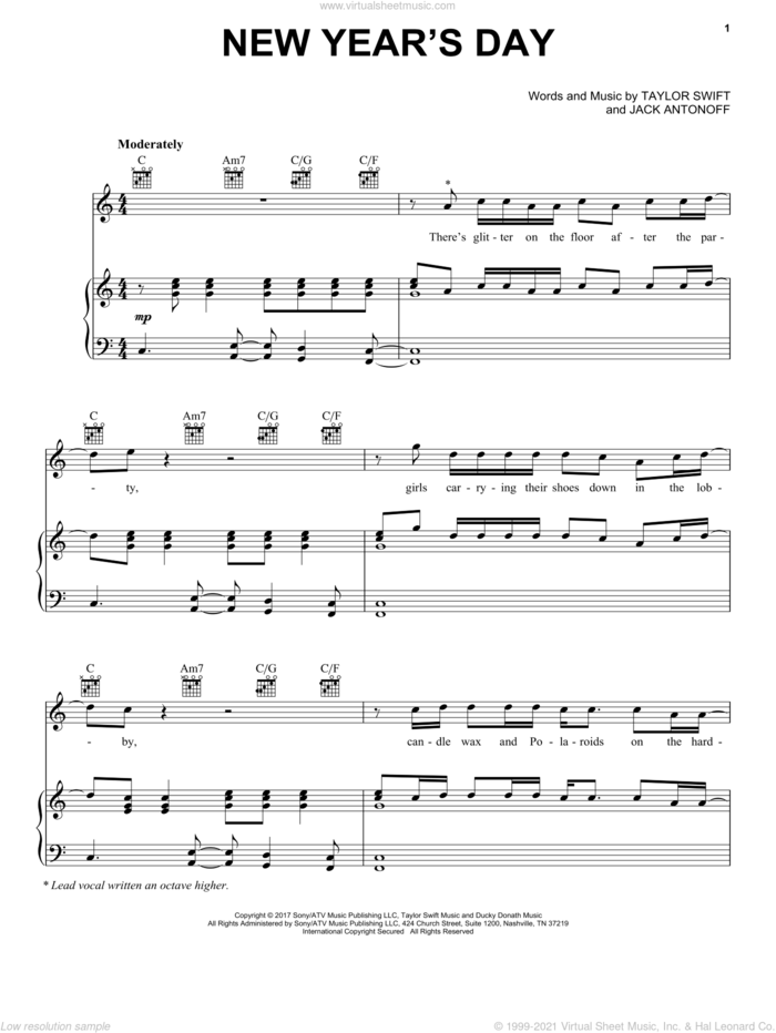 New Year's Day sheet music for voice, piano or guitar by Taylor Swift and Jack Antonoff, intermediate skill level