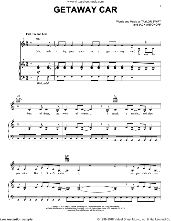 Getaway Car sheet music for voice, piano or guitar by Taylor Swift and Jack Antonoff, intermediate skill level