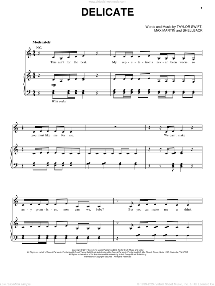 Delicate sheet music for voice, piano or guitar by Taylor Swift, Max Martin and Shellback, intermediate skill level