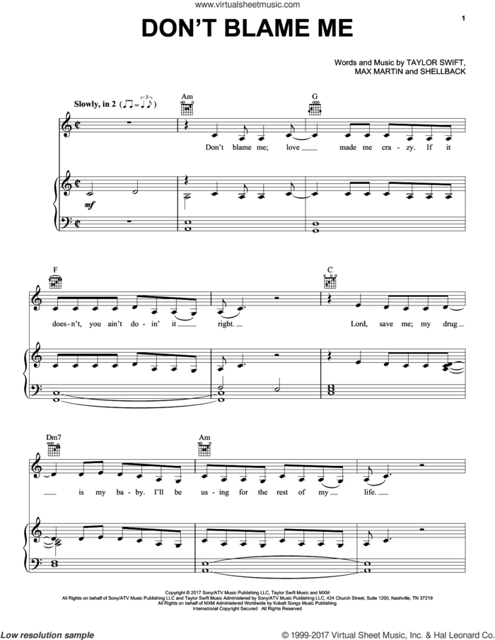 Don't Blame Me sheet music for voice, piano or guitar by Taylor Swift, Max Martin and Shellback, intermediate skill level