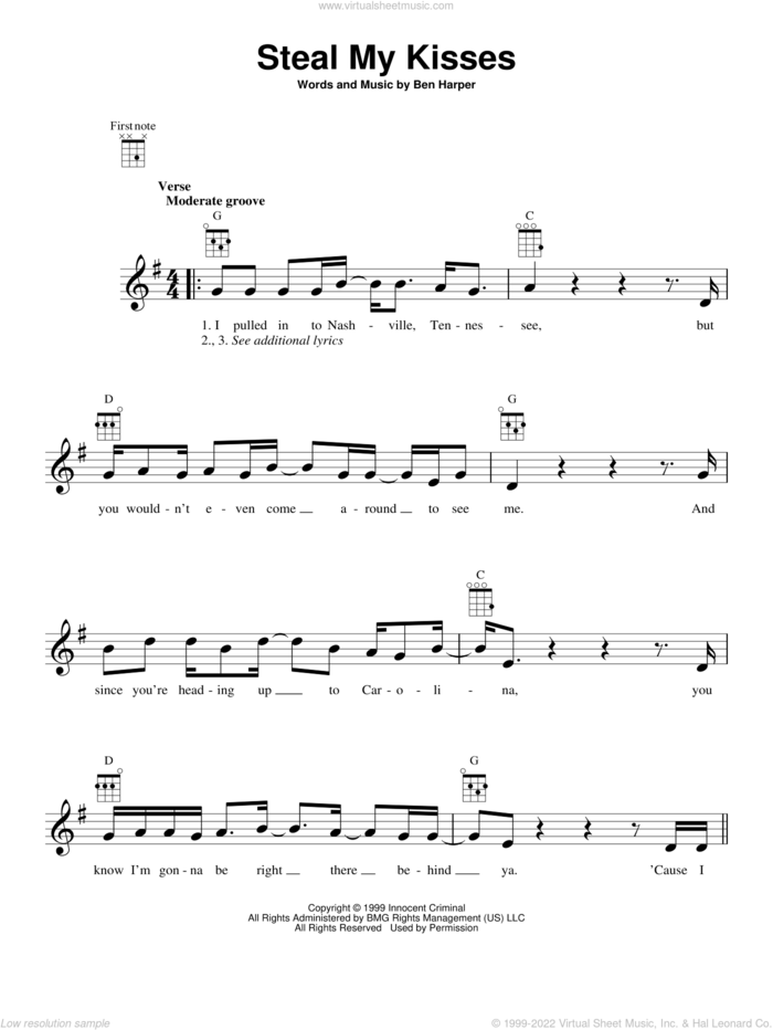 Steal My Kisses sheet music for ukulele by Ben Harper And The Innocent Criminals and Ben Harper, intermediate skill level