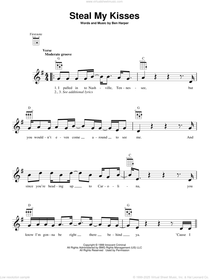 Steal My Kisses sheet music for ukulele by Ben Harper And The Innocent Criminals and Ben Harper, intermediate skill level