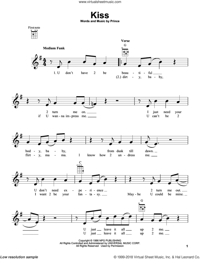 Kiss sheet music for ukulele by Prince, intermediate skill level