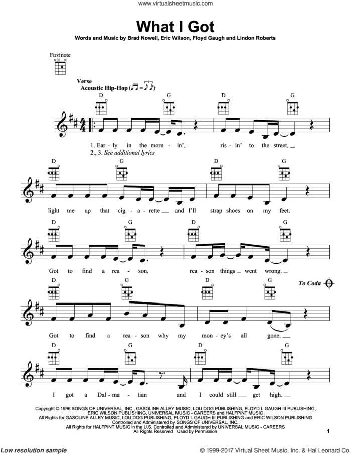 What I Got sheet music for ukulele by Sublime, Brad Nowell, Eric Wilson, Floyd Gaugh and Lindon Roberts, intermediate skill level