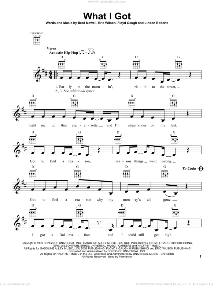 What I Got sheet music for ukulele by Sublime, Brad Nowell, Eric Wilson, Floyd Gaugh and Lindon Roberts, intermediate skill level