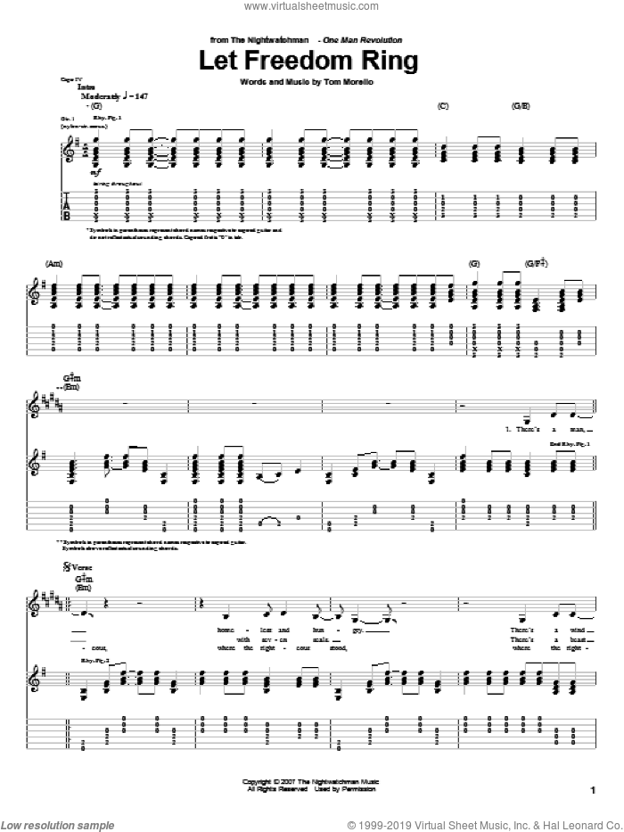 Let Freedom Ring sheet music for guitar (tablature) by The Nightwatchman and Tom Morello, intermediate skill level