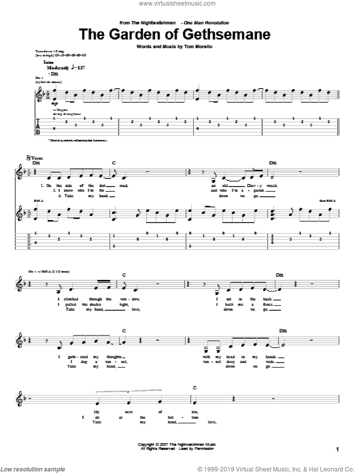 The Garden Of Gethsemane sheet music for guitar (tablature) by The Nightwatchman and Tom Morello, intermediate skill level