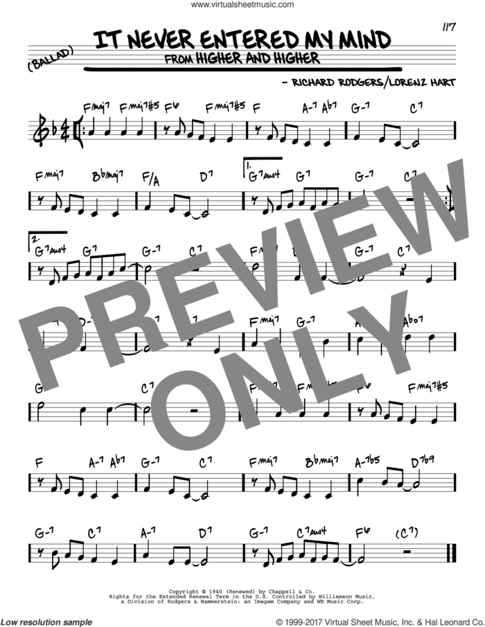It Never Entered My Mind sheet music for voice and other instruments (real book) by Rodgers & Hart, Lorenz Hart and Richard Rodgers, intermediate skill level