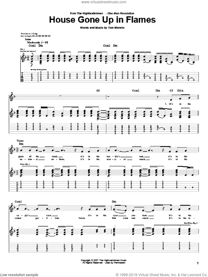 House Gone Up In Flames sheet music for guitar (tablature) by The Nightwatchman and Tom Morello, intermediate skill level
