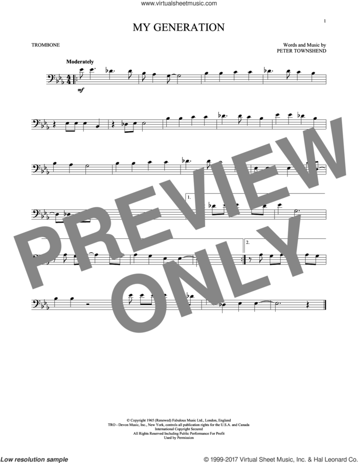 My Generation sheet music for trombone solo by The Who and Pete Townshend, intermediate skill level