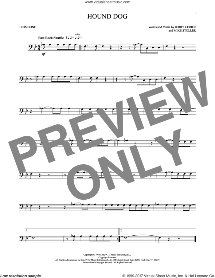 Hound Dog sheet music for trombone solo by Elvis Presley, Jerry Leiber and Mike Stoller, intermediate skill level
