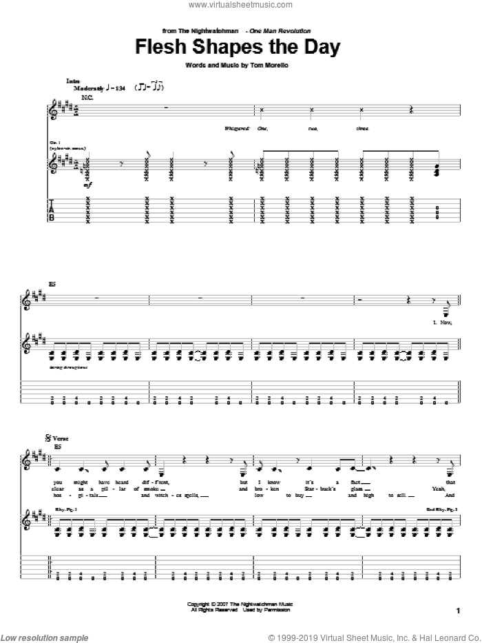 Flesh Shapes The Day sheet music for guitar (tablature) by The Nightwatchman and Tom Morello, intermediate skill level
