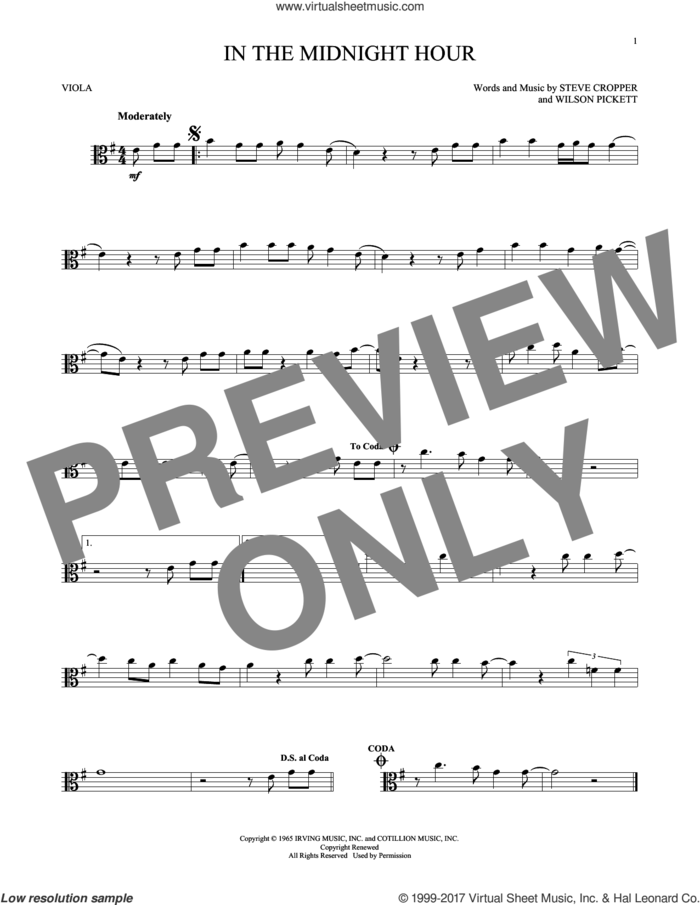 In The Midnight Hour sheet music for viola solo by Wilson Pickett and Steve Cropper, intermediate skill level
