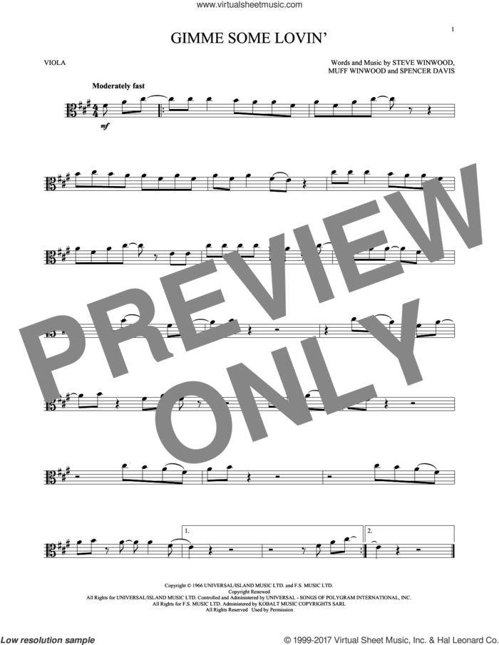 Gimme Some Lovin' sheet music for viola solo by The Spencer Davis Group, Muff Winwood, Spencer Davis and Steve Winwood, intermediate skill level