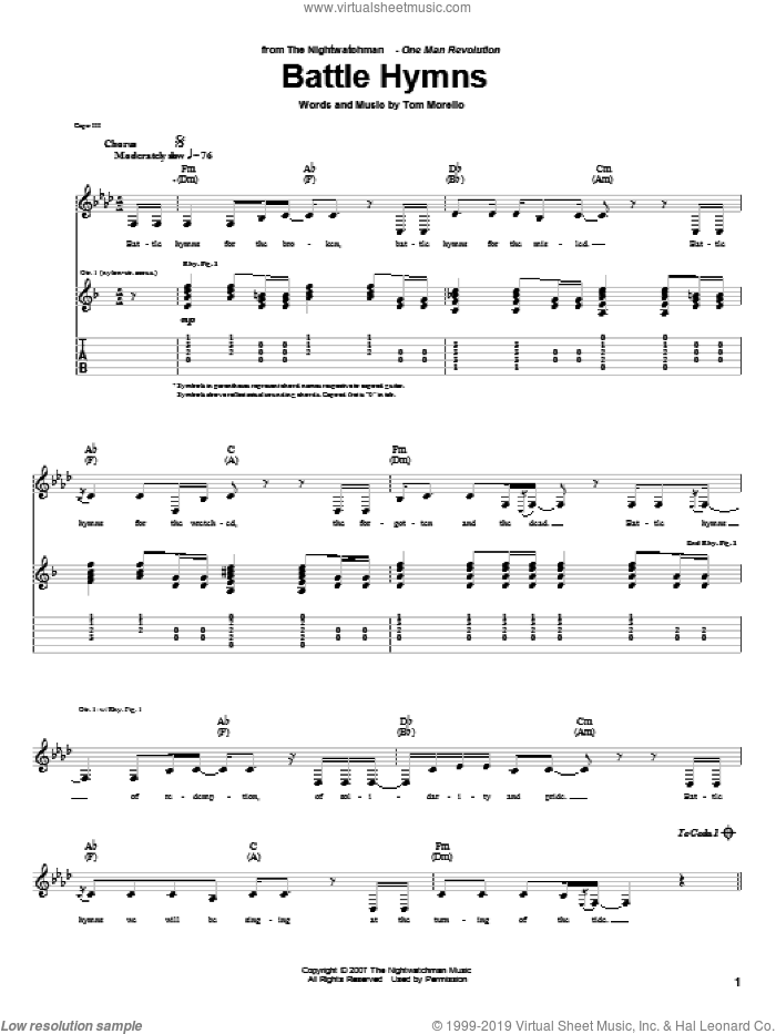 Battle Hymns sheet music for guitar (tablature) by The Nightwatchman and Tom Morello, intermediate skill level