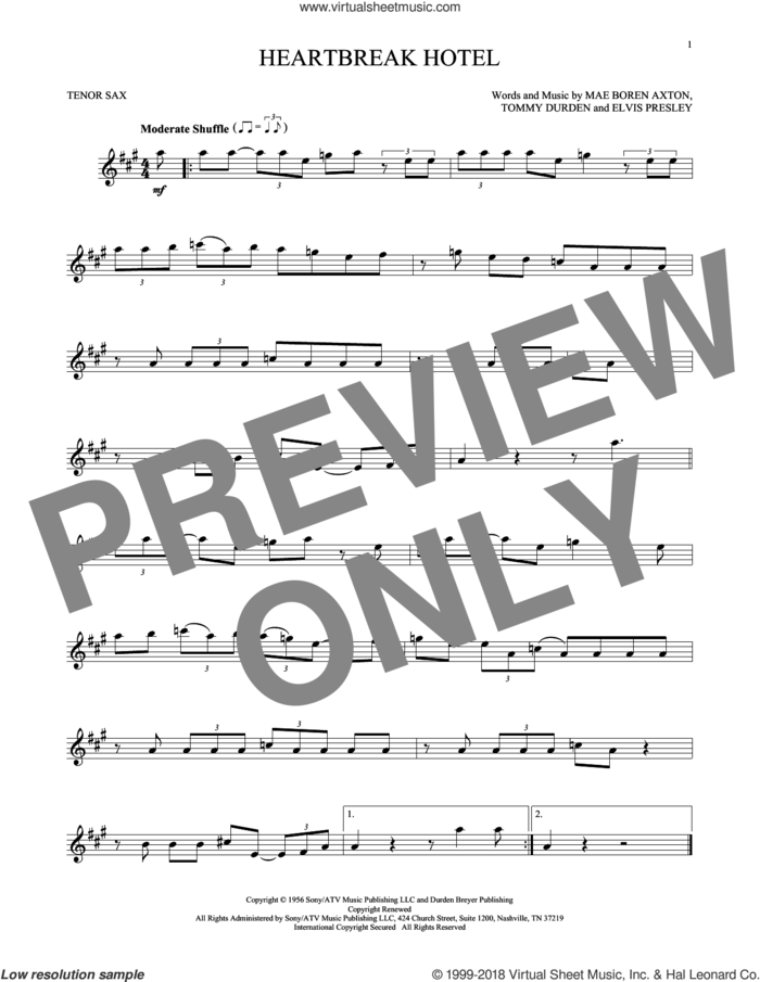 Heartbreak Hotel sheet music for tenor saxophone solo by Elvis Presley, Mae Boren Axton and Tommy Durden, intermediate skill level