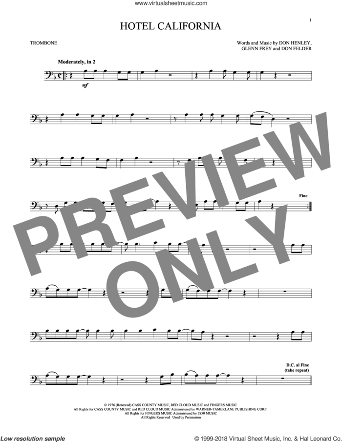 Hotel California sheet music for trombone solo by Don Henley, The Eagles, Don Felder and Glenn Frey, intermediate skill level