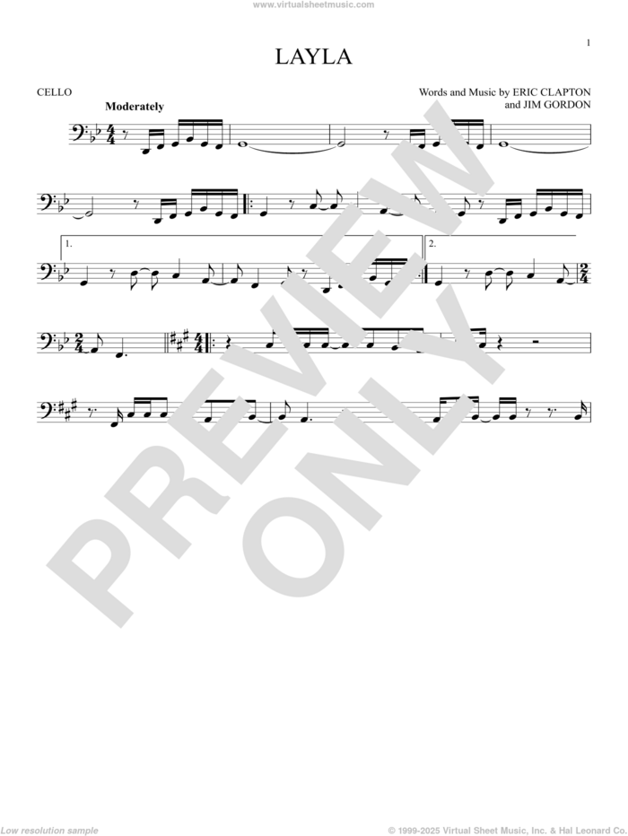 Layla sheet music for cello solo by Eric Clapton, Derek And The Dominos and Jim Gordon, intermediate skill level