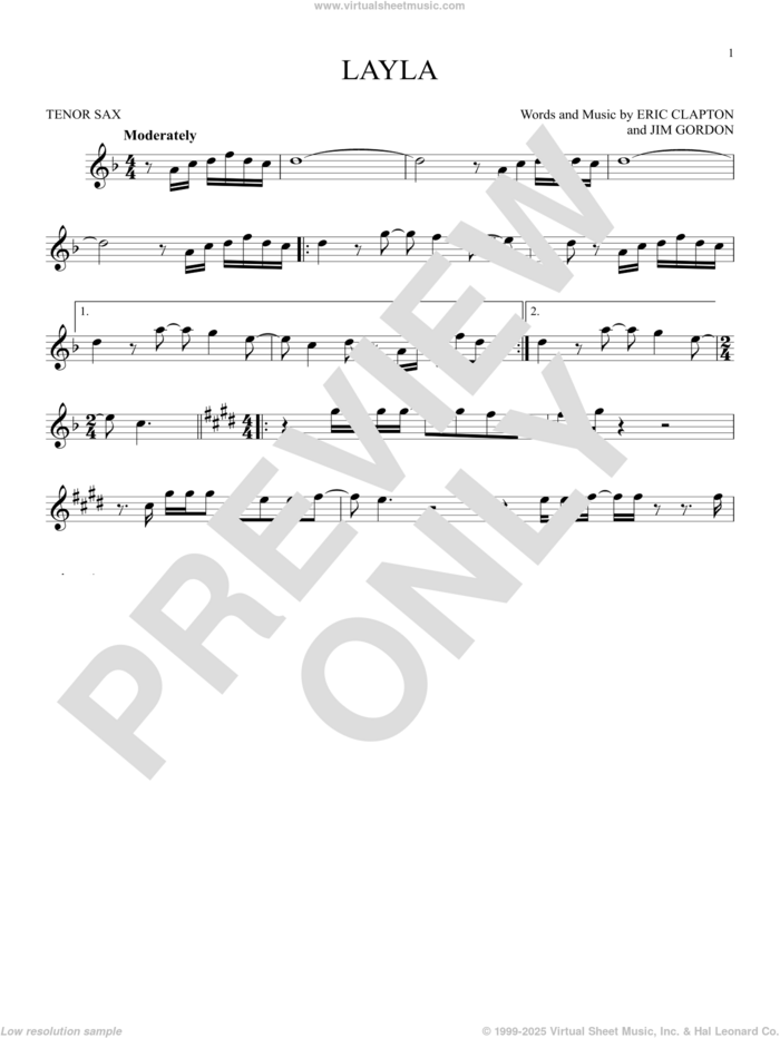 Layla sheet music for tenor saxophone solo by Eric Clapton, Derek And The Dominos and Jim Gordon, intermediate skill level